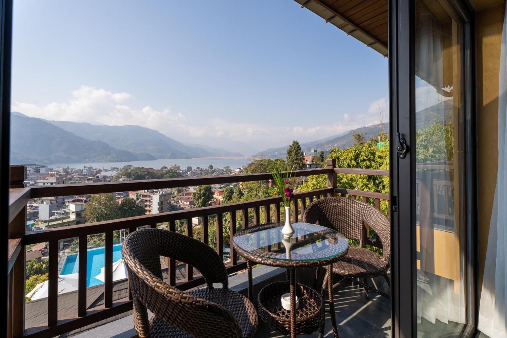 Bar Peepal Resort Pokhara Dış mekan fotoğraf A view of Lake Biwa from a guest room